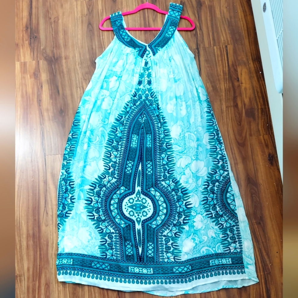 My Choice Vintage Boho Ethnic Maxi Sundress Free Size Green White NWT